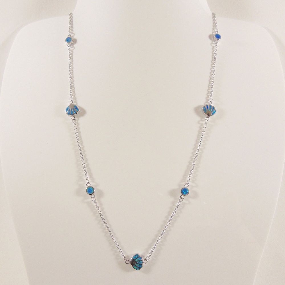 Blue Fire Opal Sterling Silver Seashell Necklace
